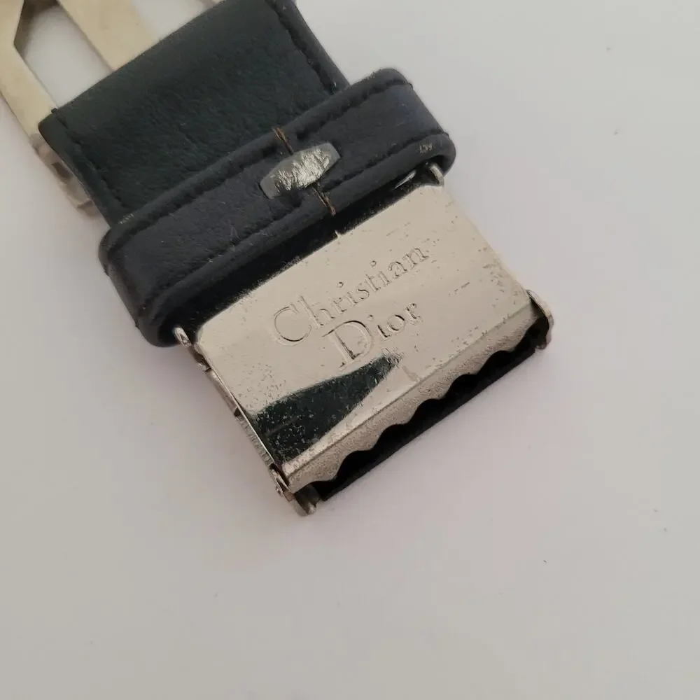 Christian Dior Silver Black Leather Metal Belt Buckle Replacement Slim Vintage‎